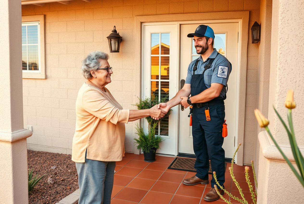 Phoenix homeowner thanking our plumber on her front porch