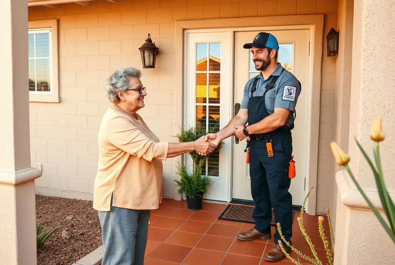 Phoenix homeowner thanking our plumber on her front porch