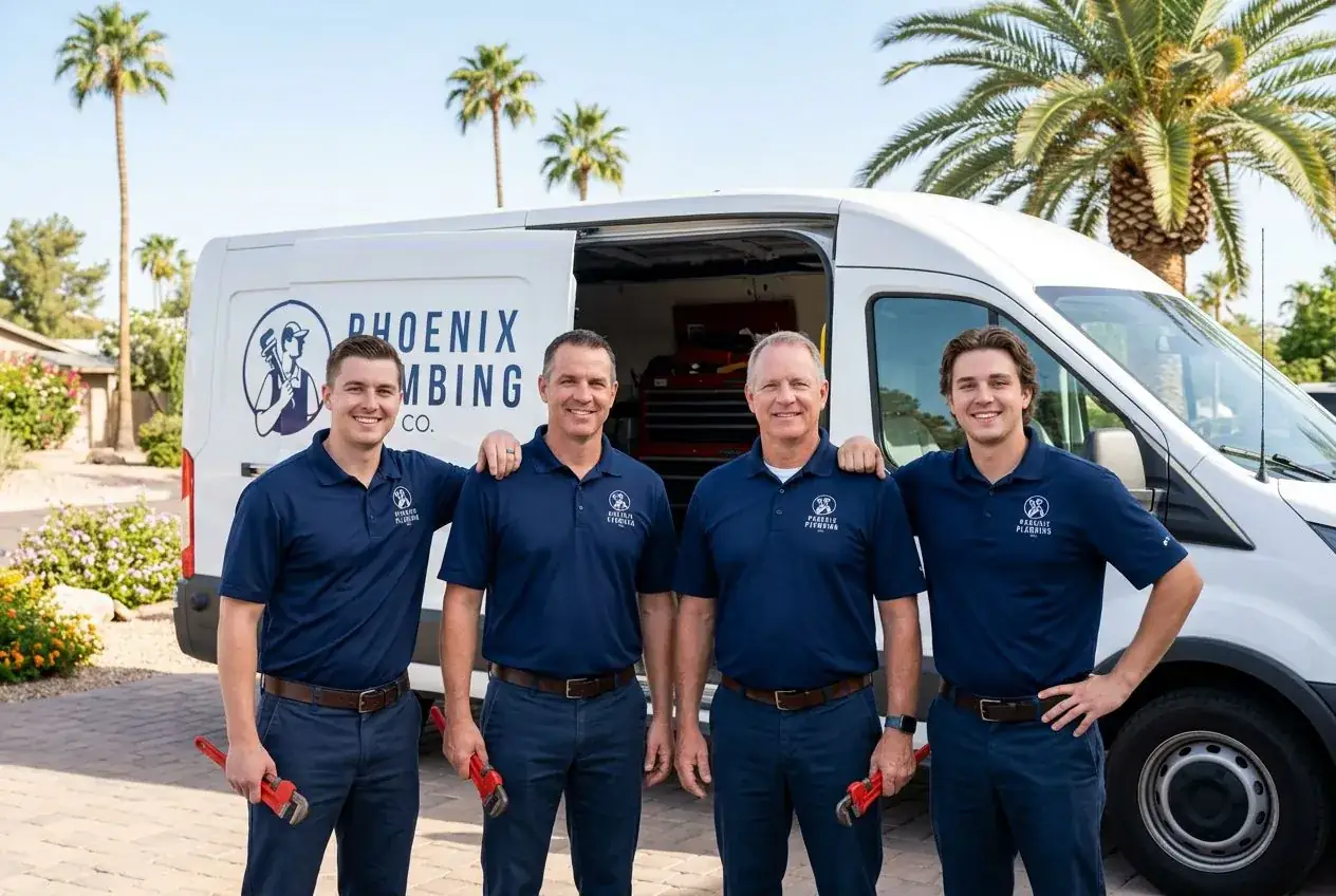 Phoenix Plumbing Co. family-owned team in front of their fleet