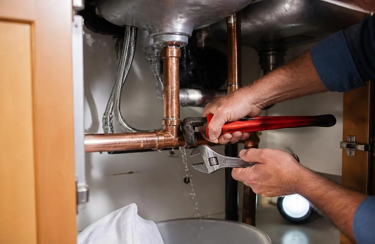 Phoenix plumber repairing a leaking copper pipe under a kitchen sink