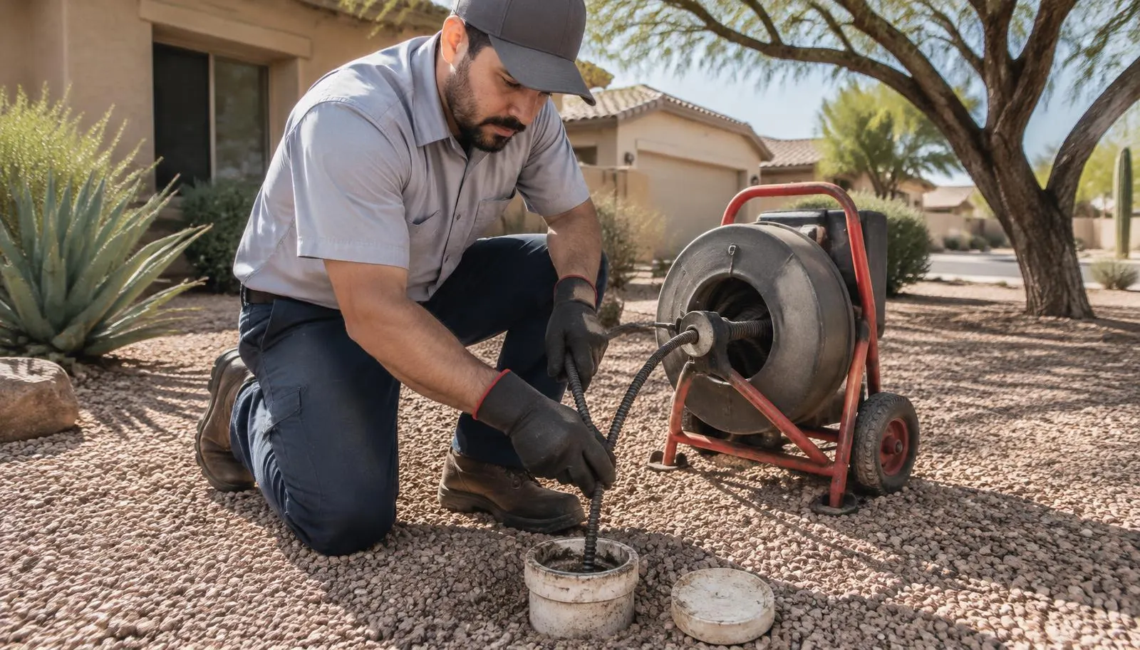 Phoenix plumber running a drain cable into an open main sewer line cleanout in a front yard