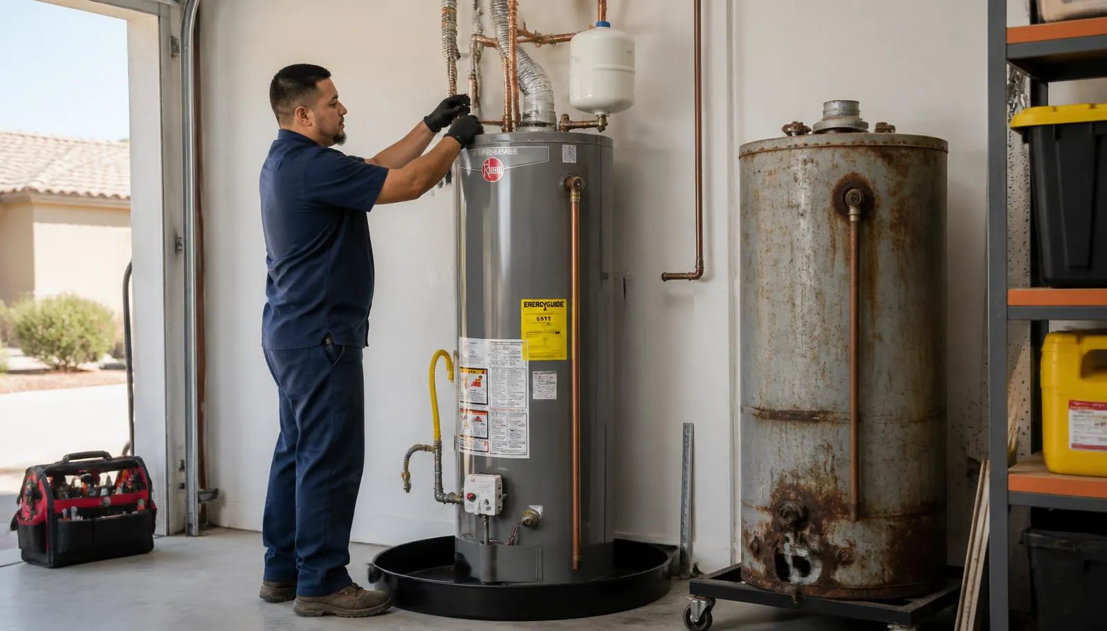 Phoenix plumber installing a new 50-gallon tank water heater with drain pan and expansion tank in a garage, old rusted tank on a dolly nearby