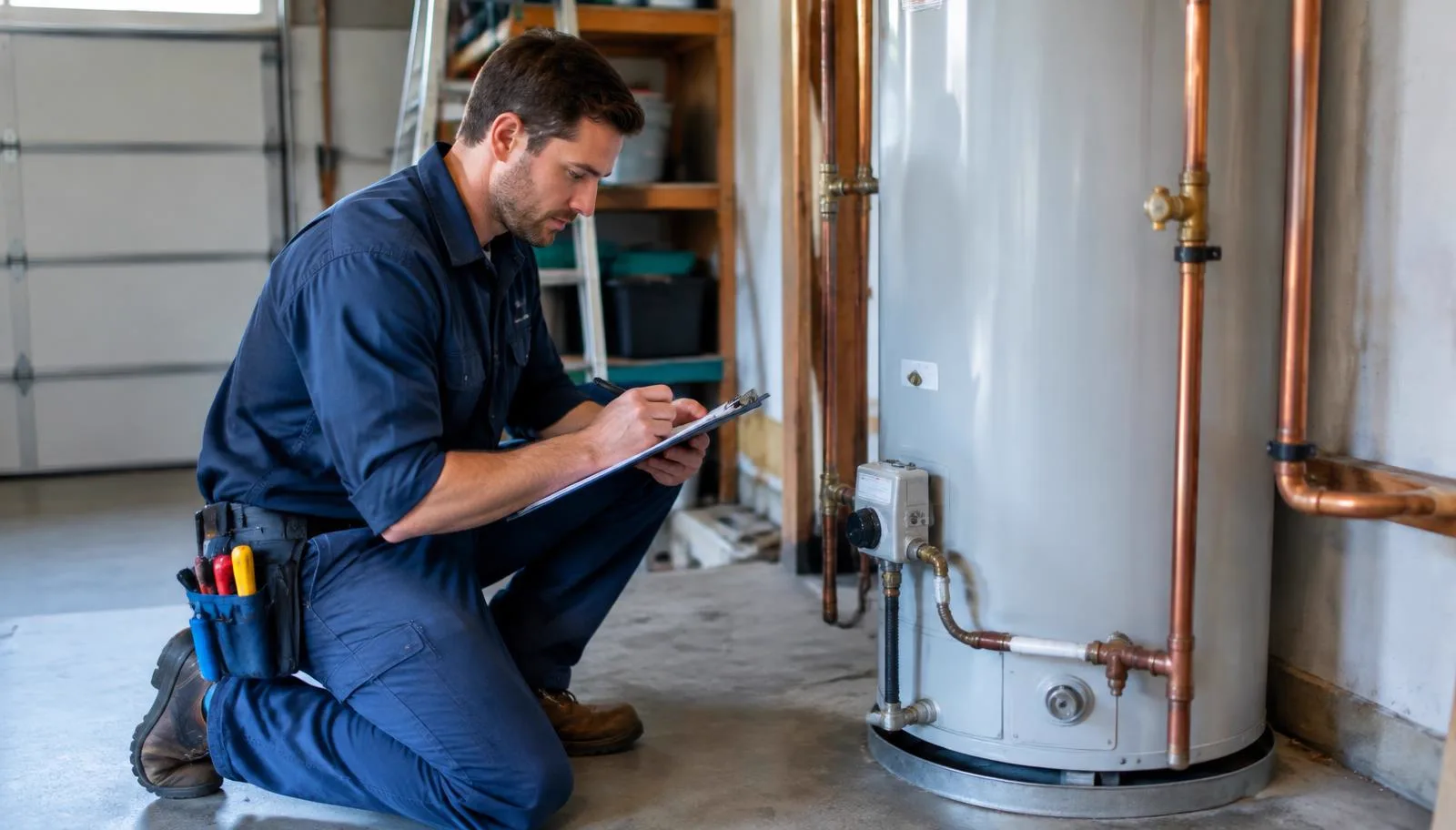 Plumber writing on a clipboard while inspecting a residential water heater during a 40-point plumbing inspection