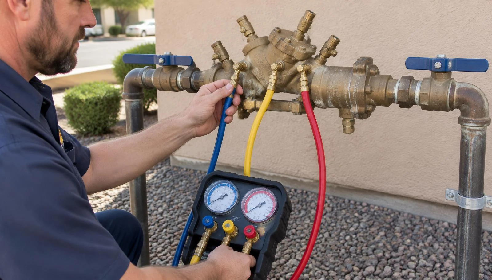 Plumber connecting a backflow testing kit to a brass backflow prevention assembly outside a Phoenix building
