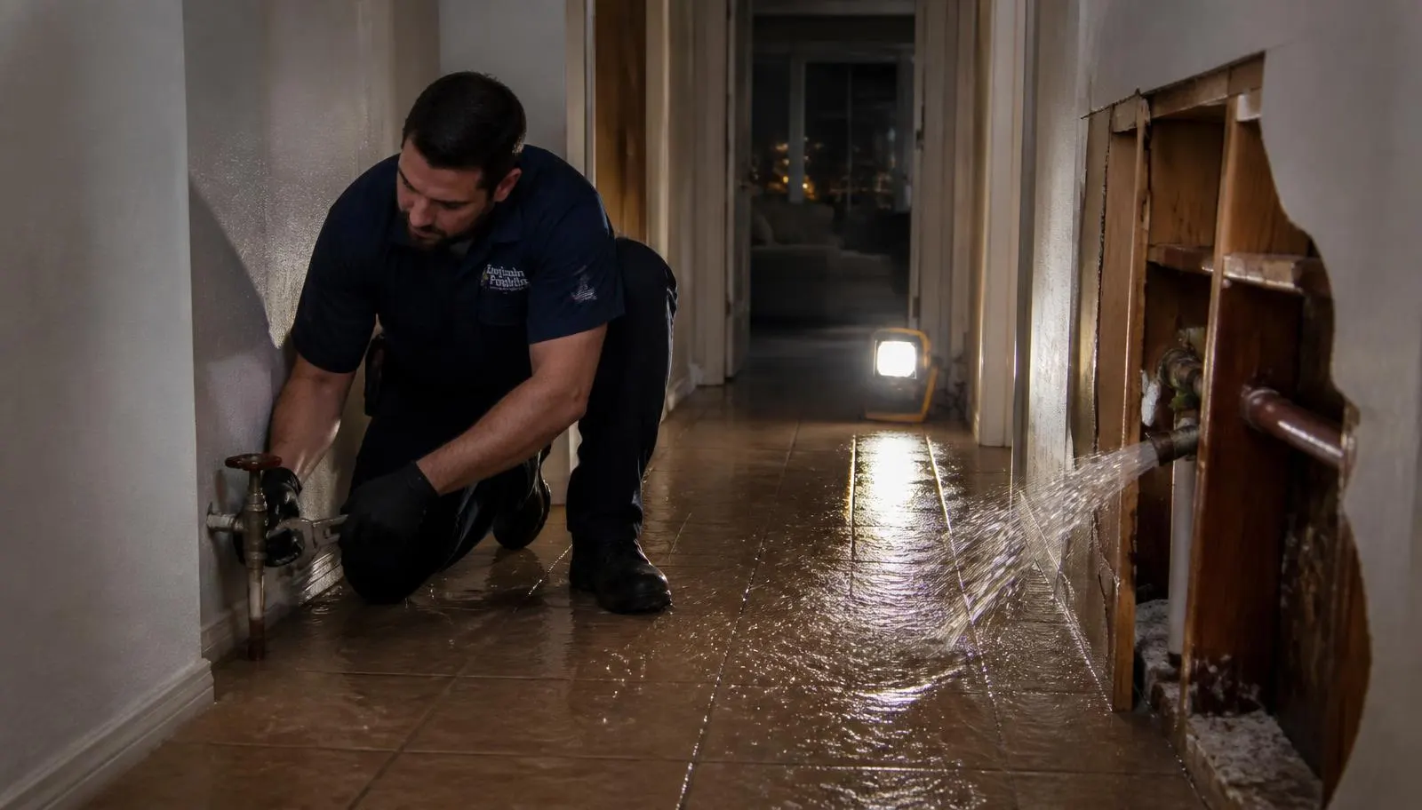 Phoenix plumber closing a home's main water shutoff valve while water sprays from a burst pipe in an opened hallway wall