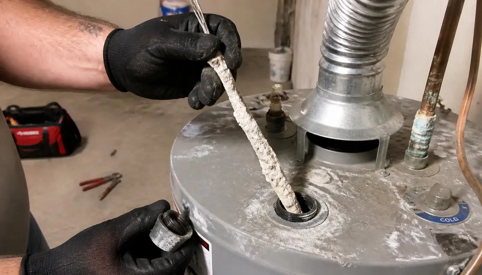 Plumber pulling a corroded, scale-crusted anode rod from a tank water heater in a Phoenix garage