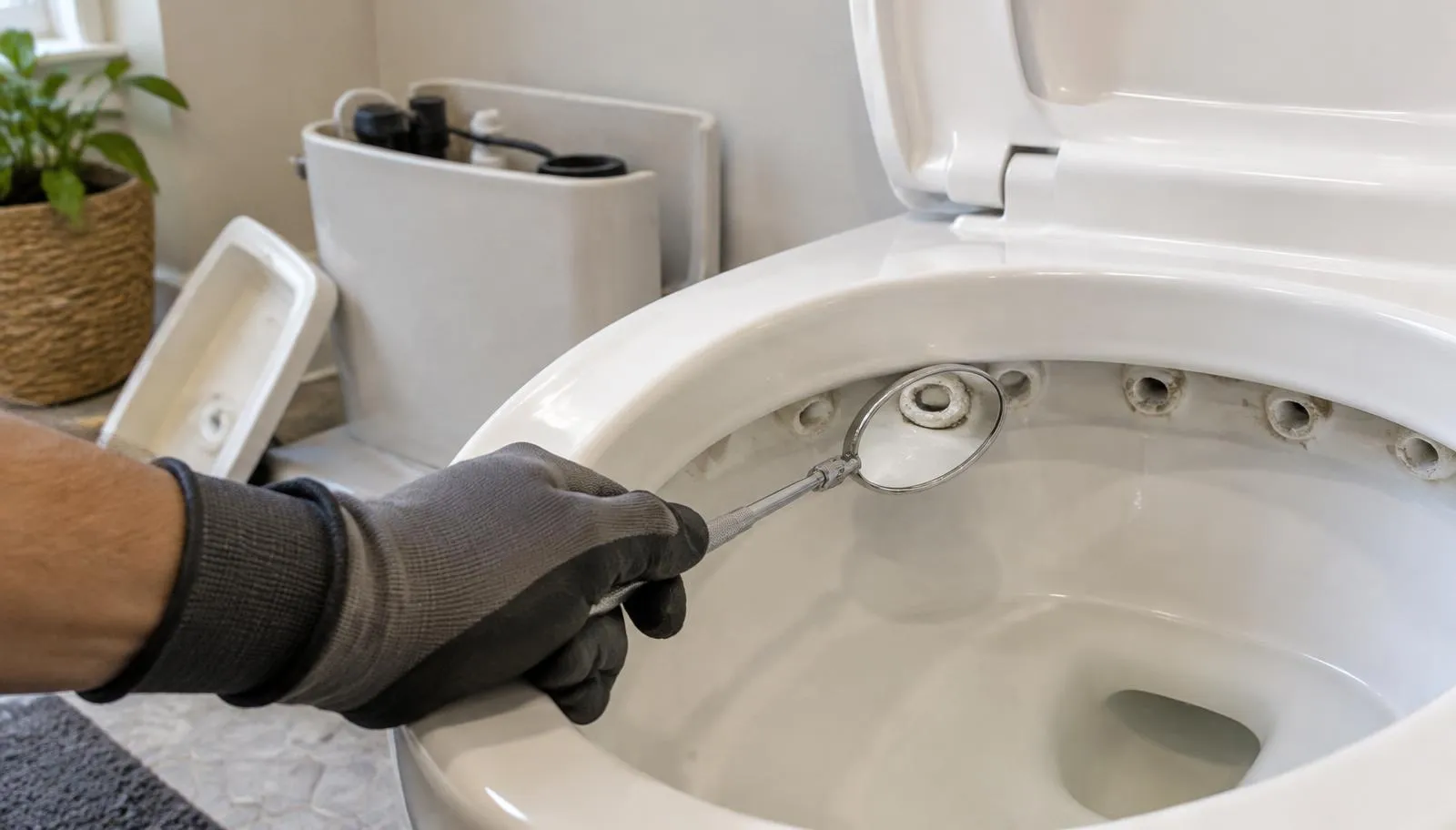 Plumber using an inspection mirror to check hard-water scale on the rim jets under a toilet bowl in a Phoenix home