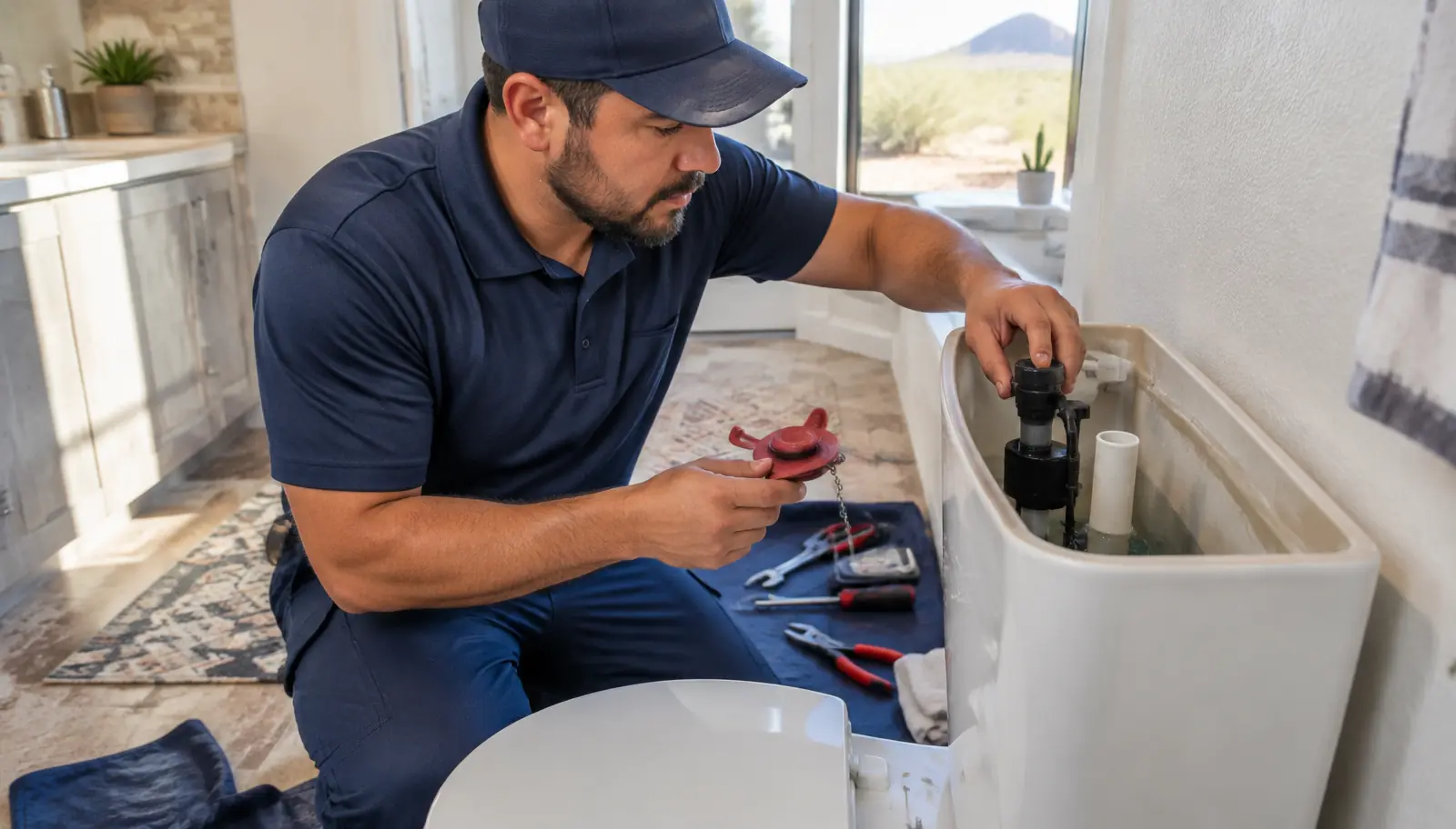 Phoenix plumber replacing a worn flapper and inspecting the fill valve inside a toilet tank